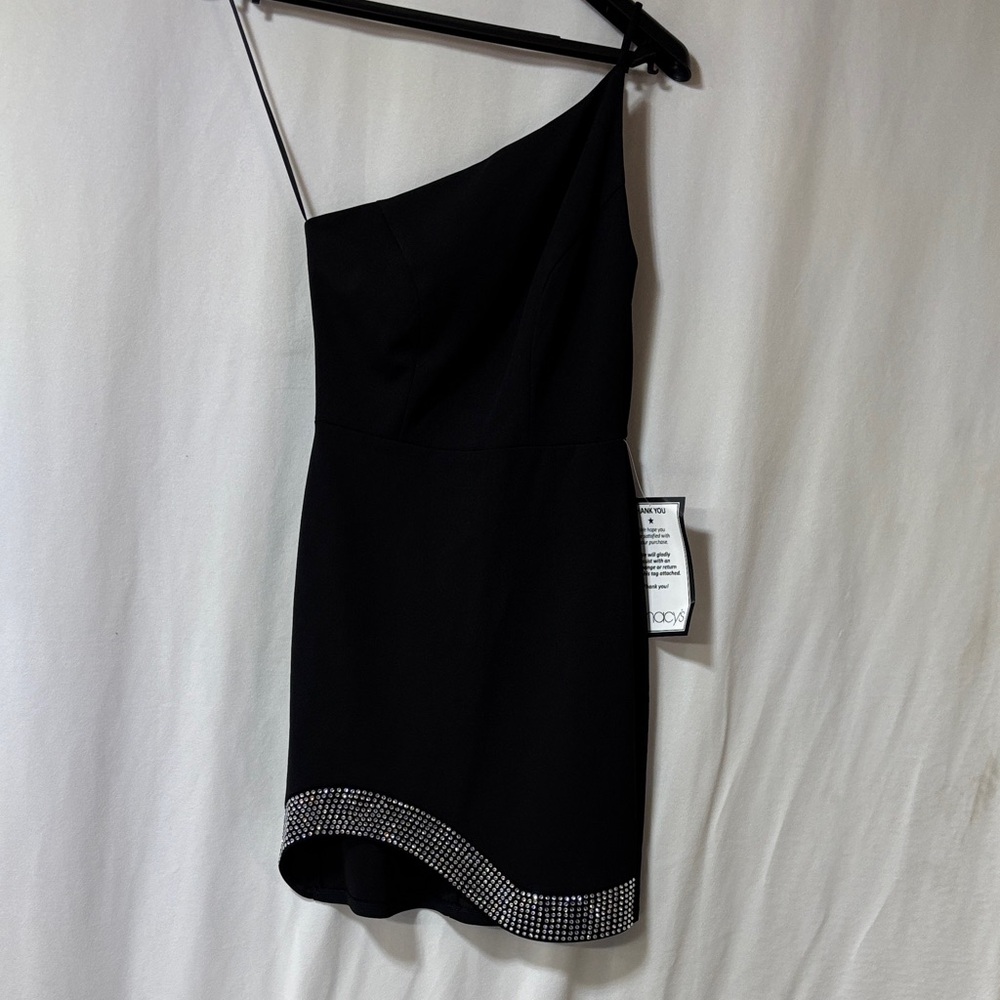 Next/Up One-Shoulder Black Dress with Rhinestone Hem lined dress size 1/2